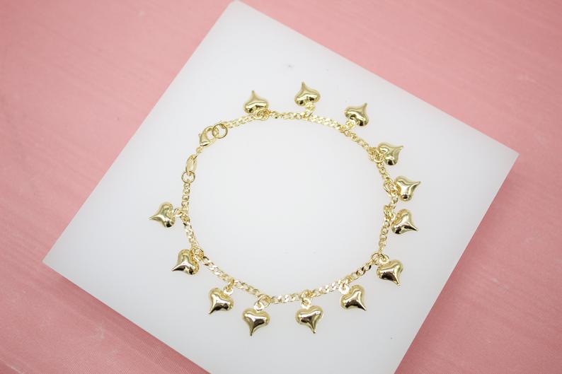 18K Gold Filled Charm Bracelet With Small Heart Charms (I175)