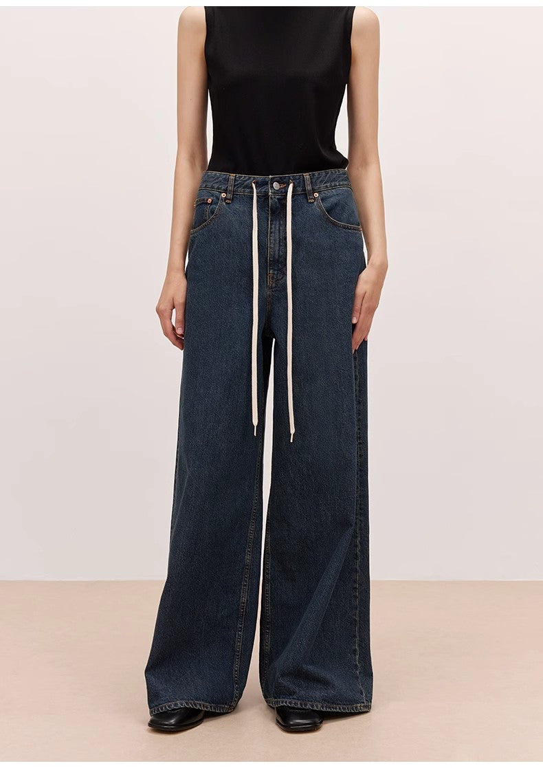 "Retro Blues" fashionable high waist pleated design washed casual wide leg jeans for women