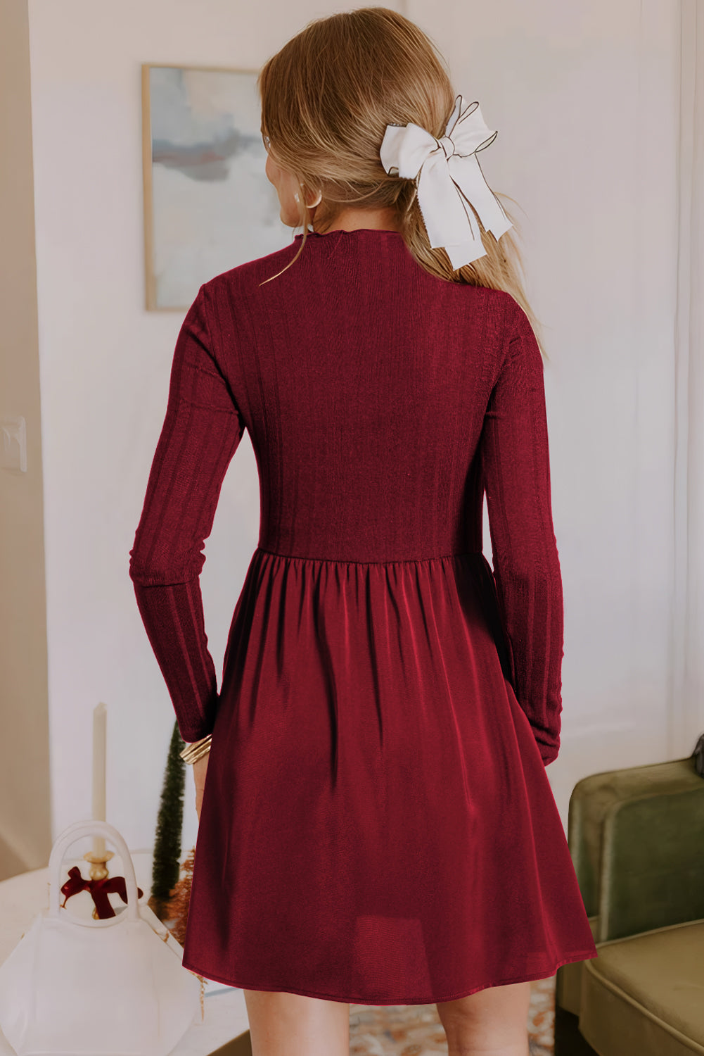 Black Frilled Neck Ribbed Knit Patchwork Long Sleeve Mini Dress