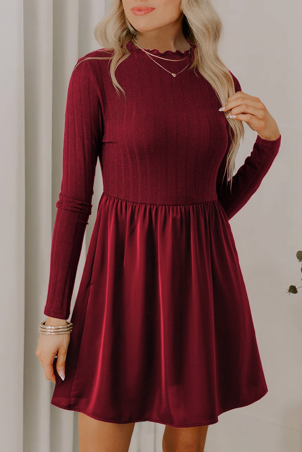 Black Frilled Neck Ribbed Knit Patchwork Long Sleeve Mini Dress