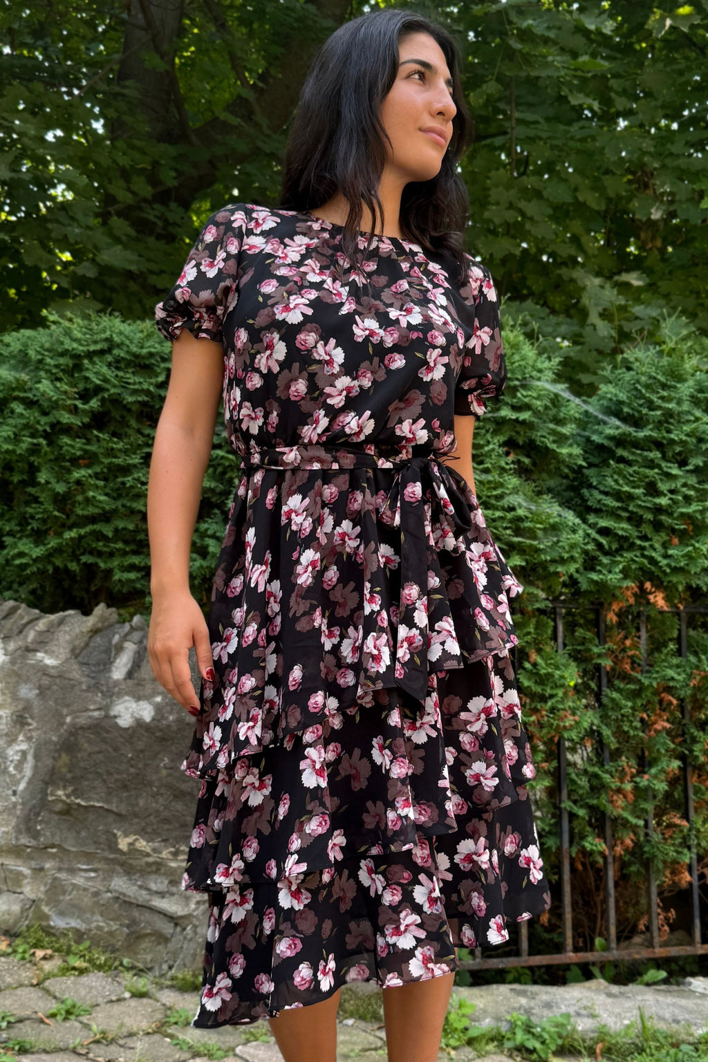 Catalina Black Floral Dress with Layered Hemline