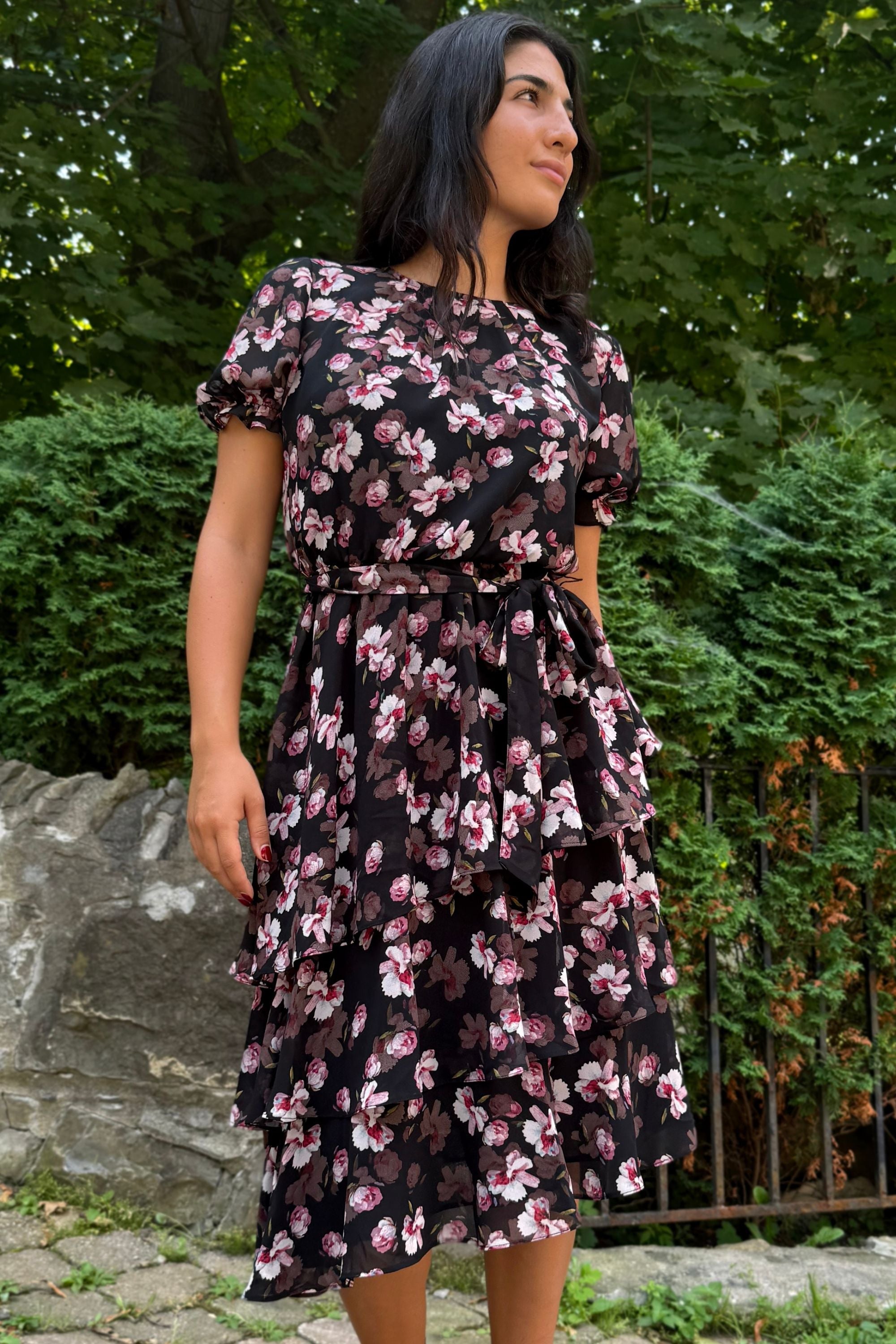 Catalina Black Floral Dress with Layered Hemline