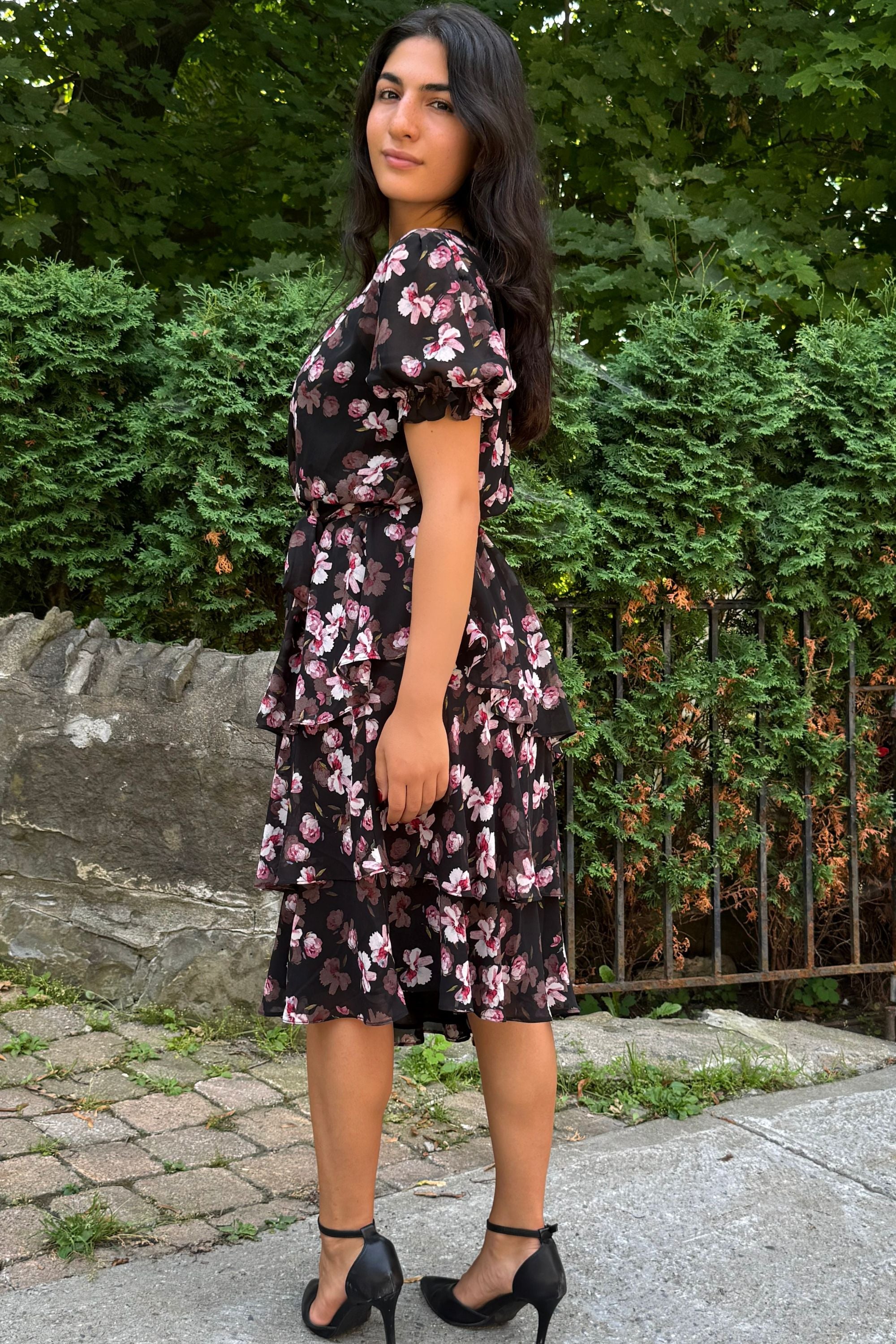 Catalina Black Floral Dress with Layered Hemline