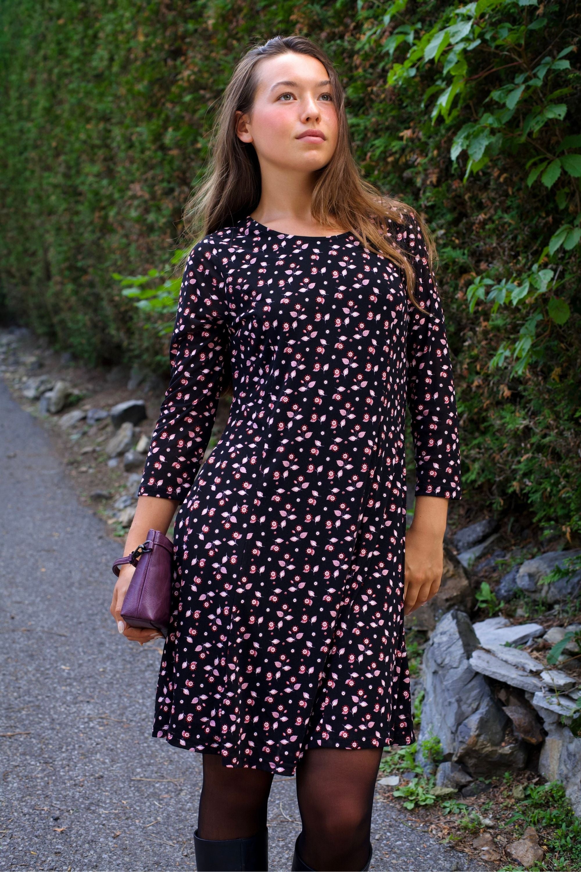 Daisie Black Fit & Flare Mesh Dress Pink Floral Print