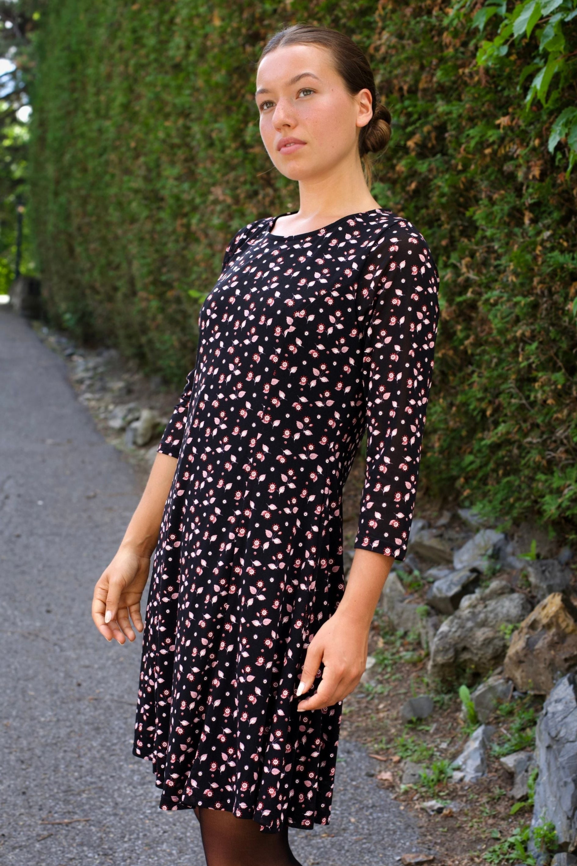 Daisie Black Fit & Flare Mesh Dress Pink Floral Print