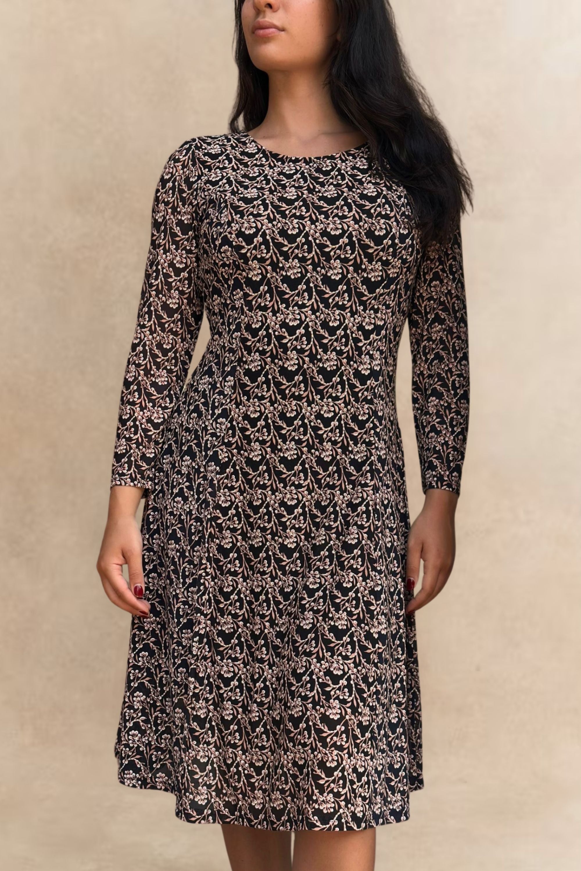 Audrey Navy Fit & Flare Mesh Dress Beige Floral Print