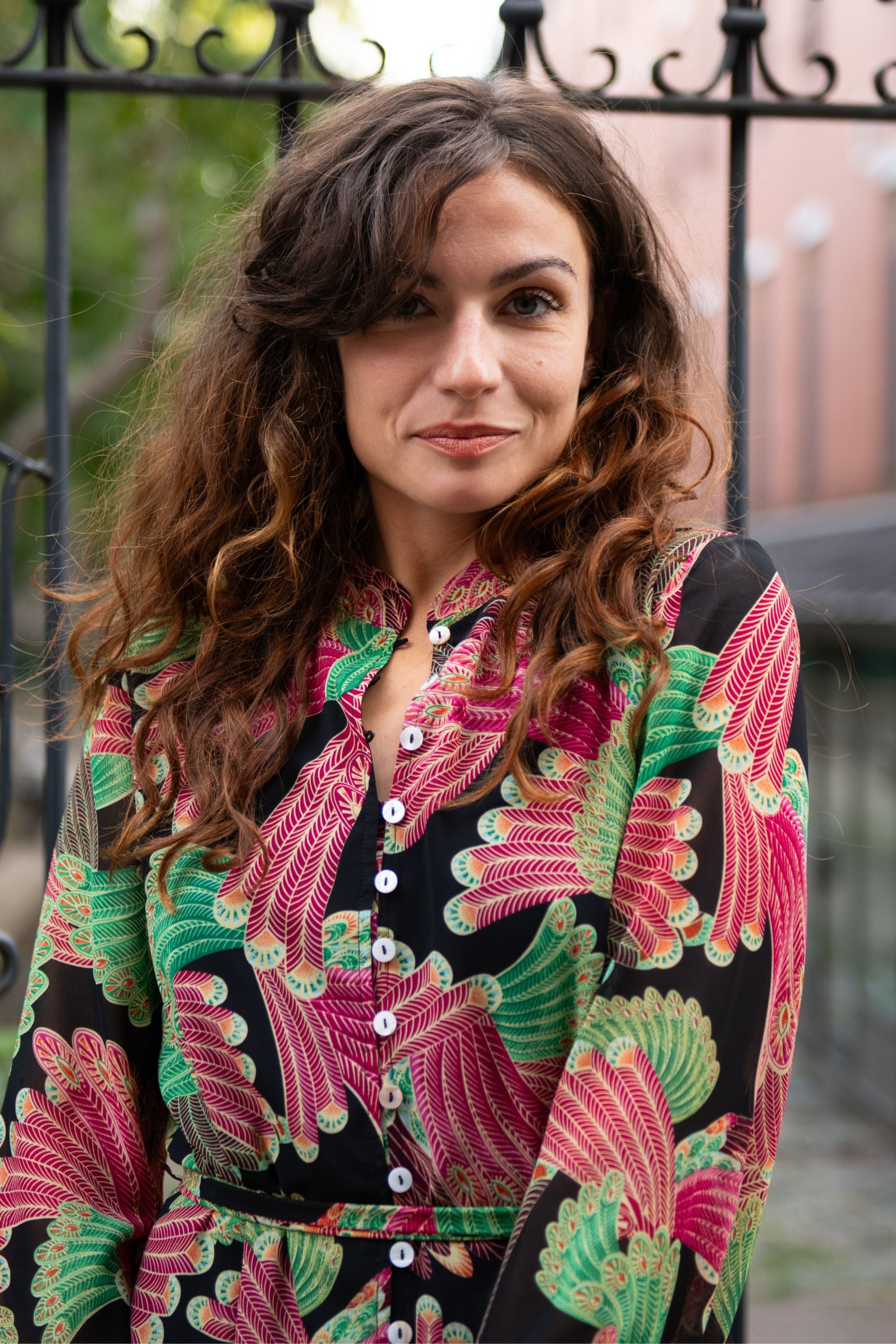 Anais Multi Feather Printed Shirt Dress Long Sleeves Button Down Belted