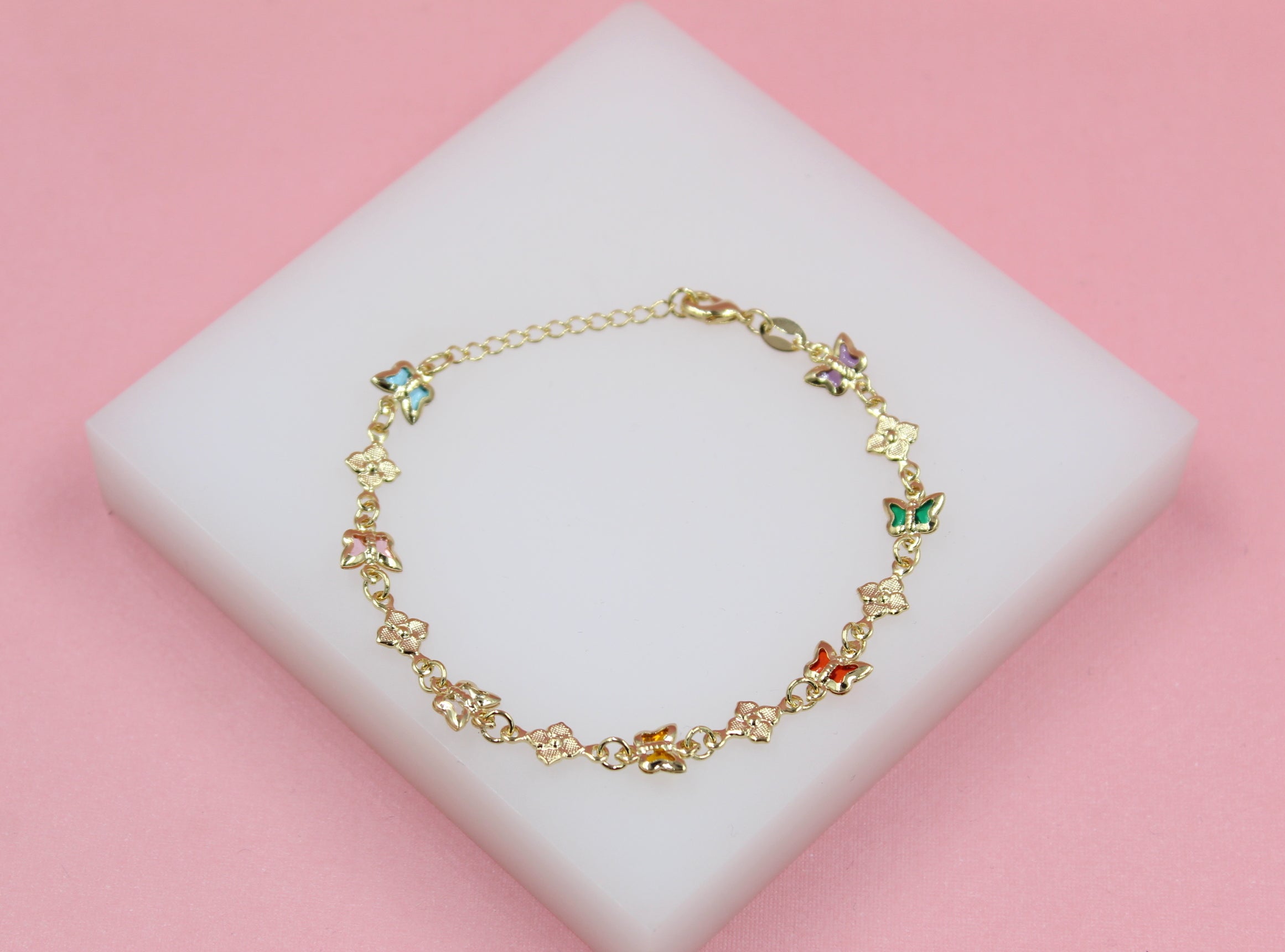 Multi-Color Butterfly Dainty Charm Bracelet With Flower Charms (I211)