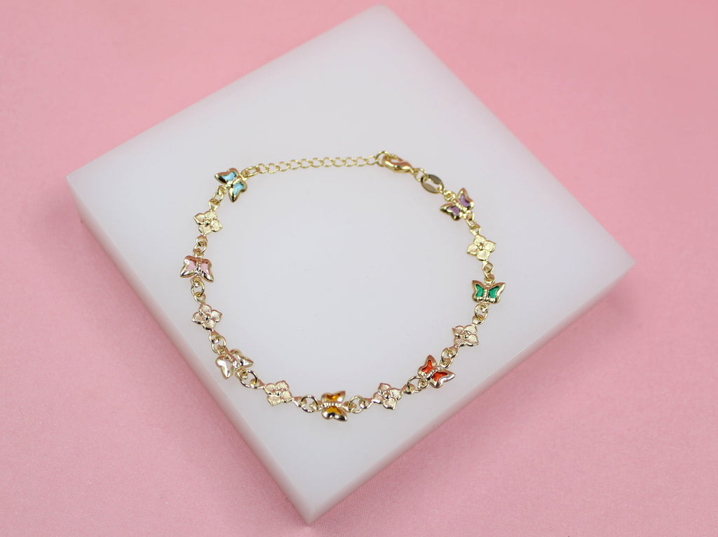Multi-Color Butterfly Dainty Charm Bracelet With Flower Charms (I211)