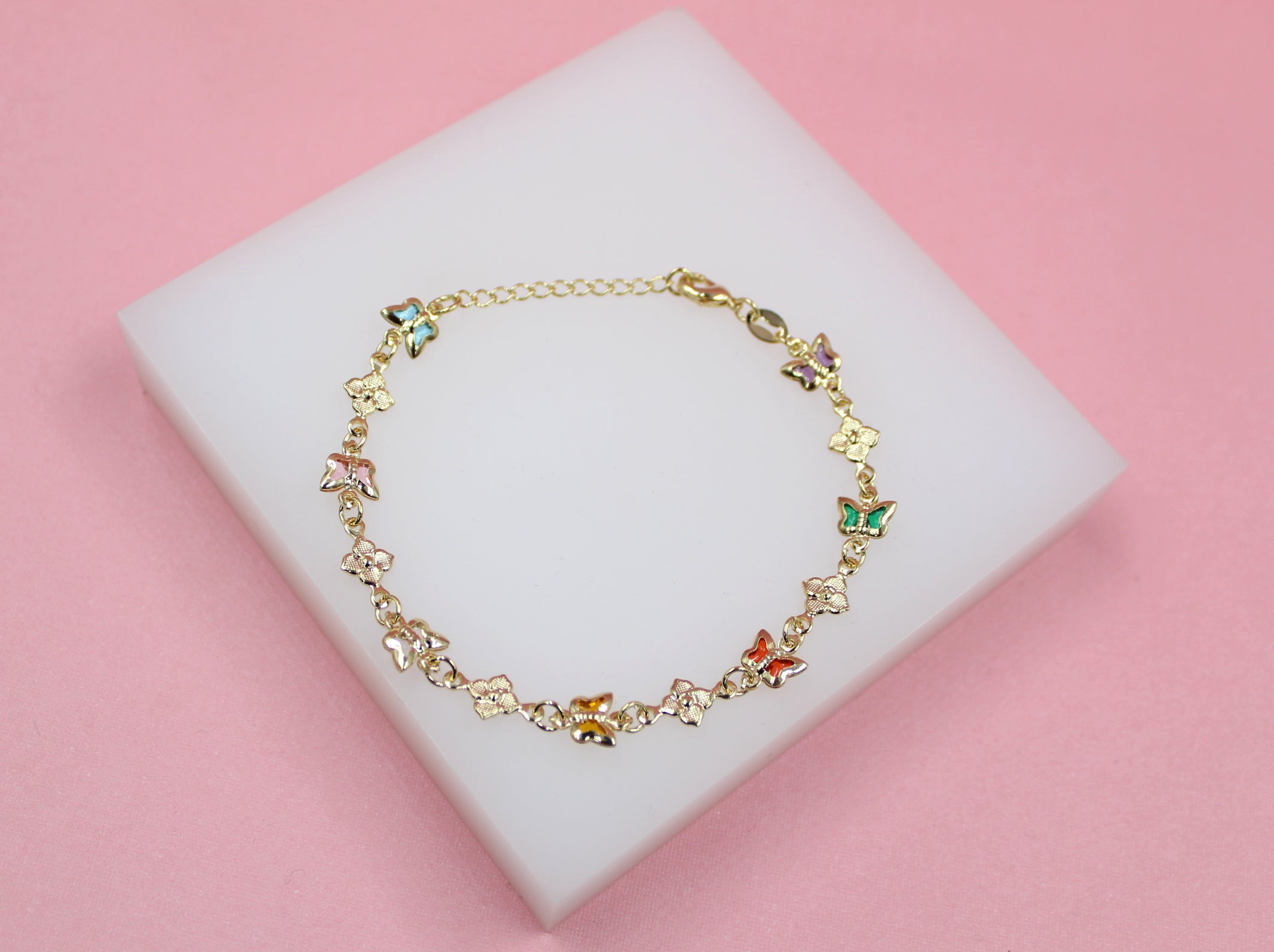 Multi-Color Butterfly Dainty Charm Bracelet With Flower Charms (I211)