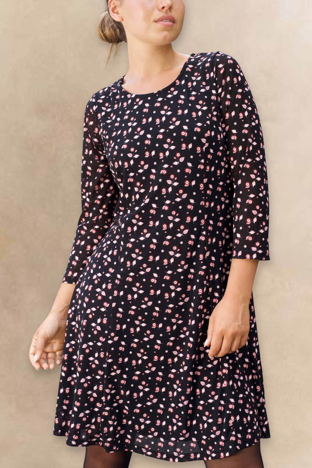 Daisie Black Fit & Flare Mesh Dress Pink Floral Print