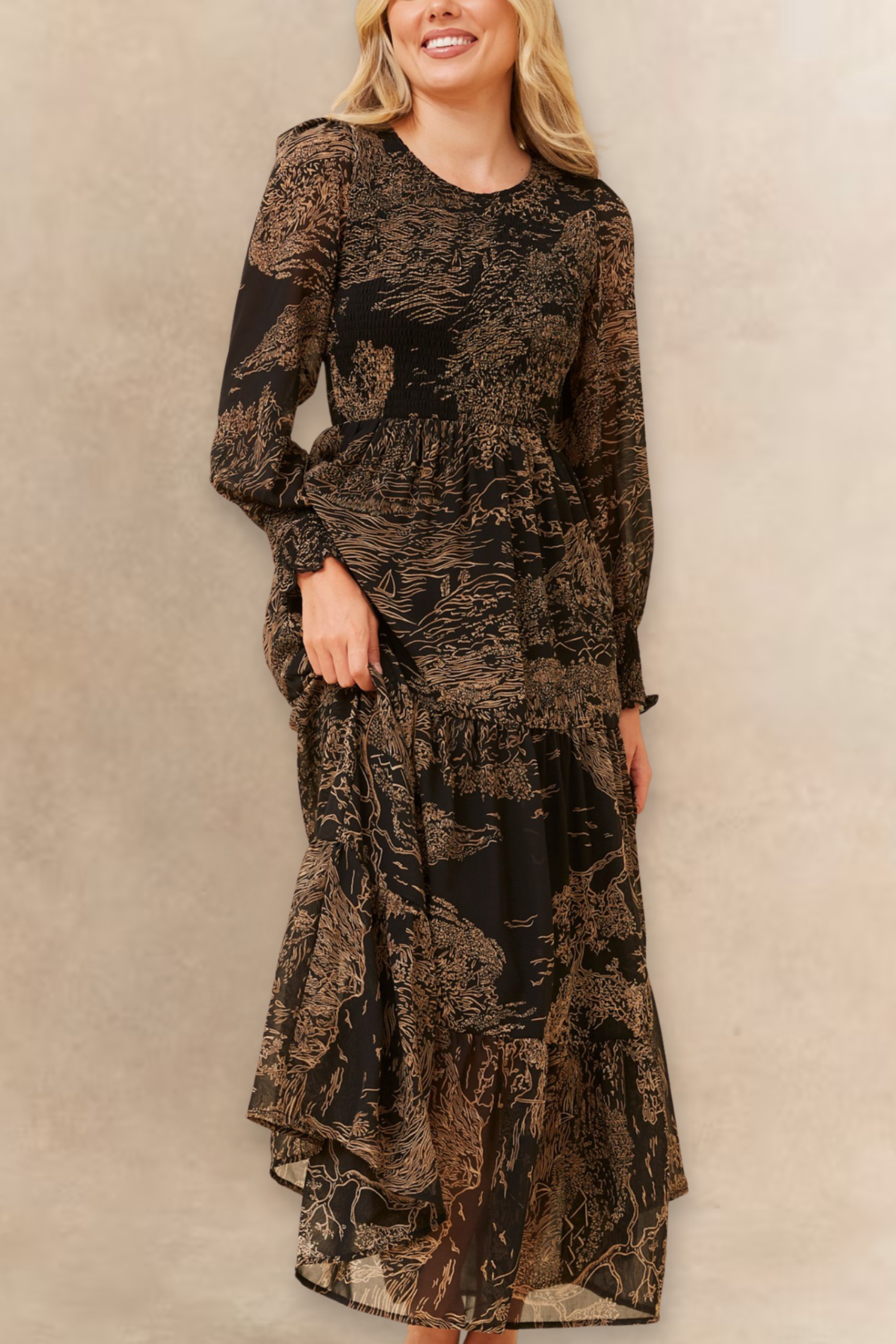 Francesca Women's Smocked Black Midi Dress Bronze Forest Print