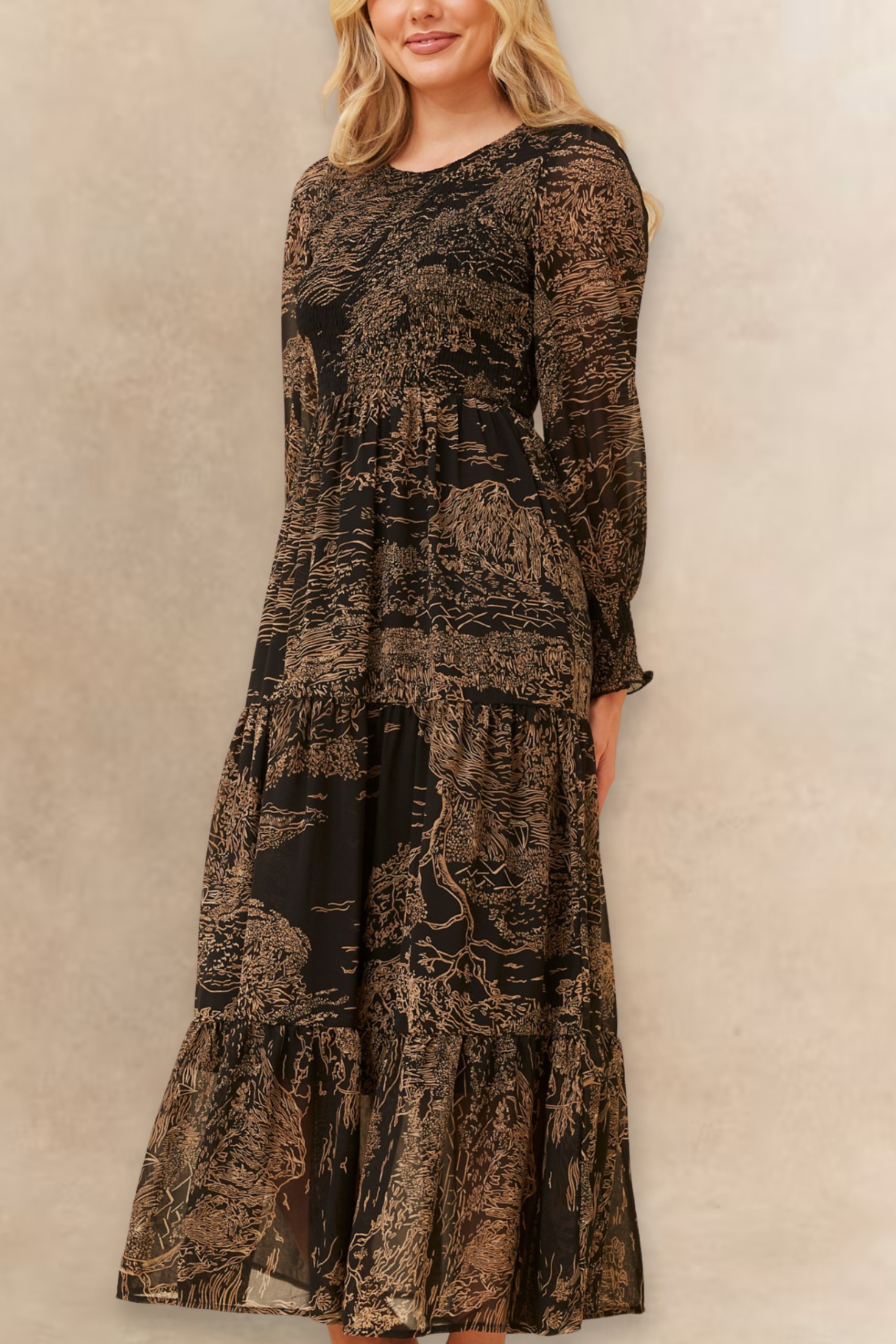 Francesca Women's Smocked Black Midi Dress Bronze Forest Print