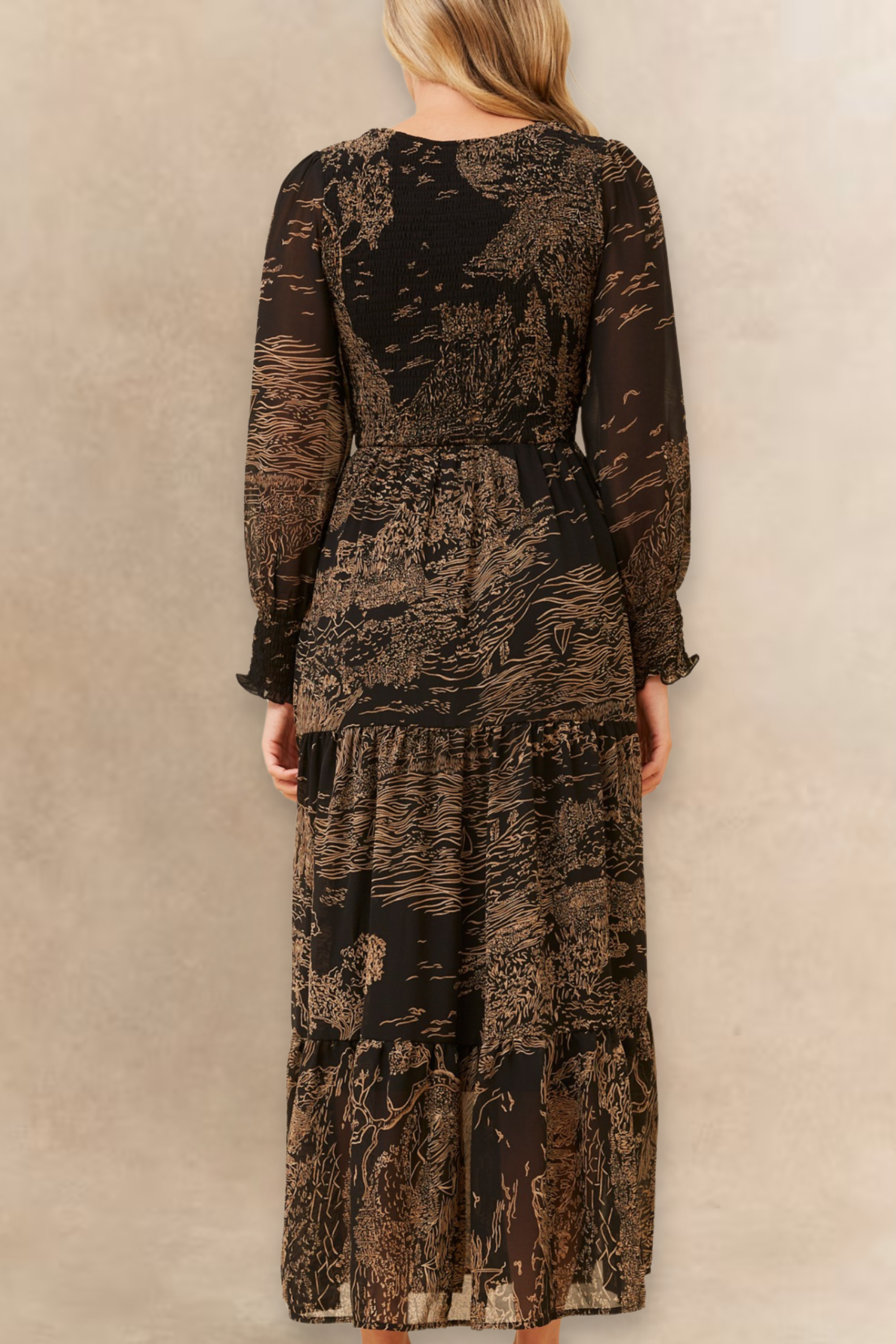 Francesca Women's Smocked Black Midi Dress Bronze Forest Print