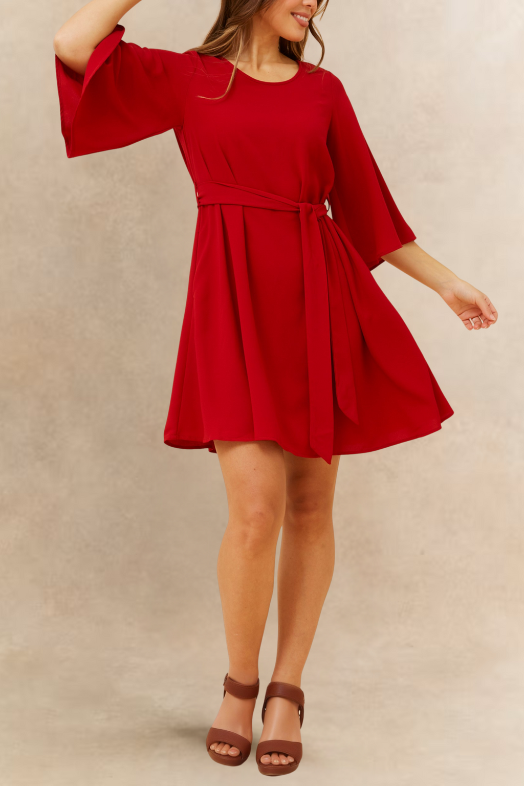 Jennifer Women's Flared Sleeve Belted Dress Solid Color