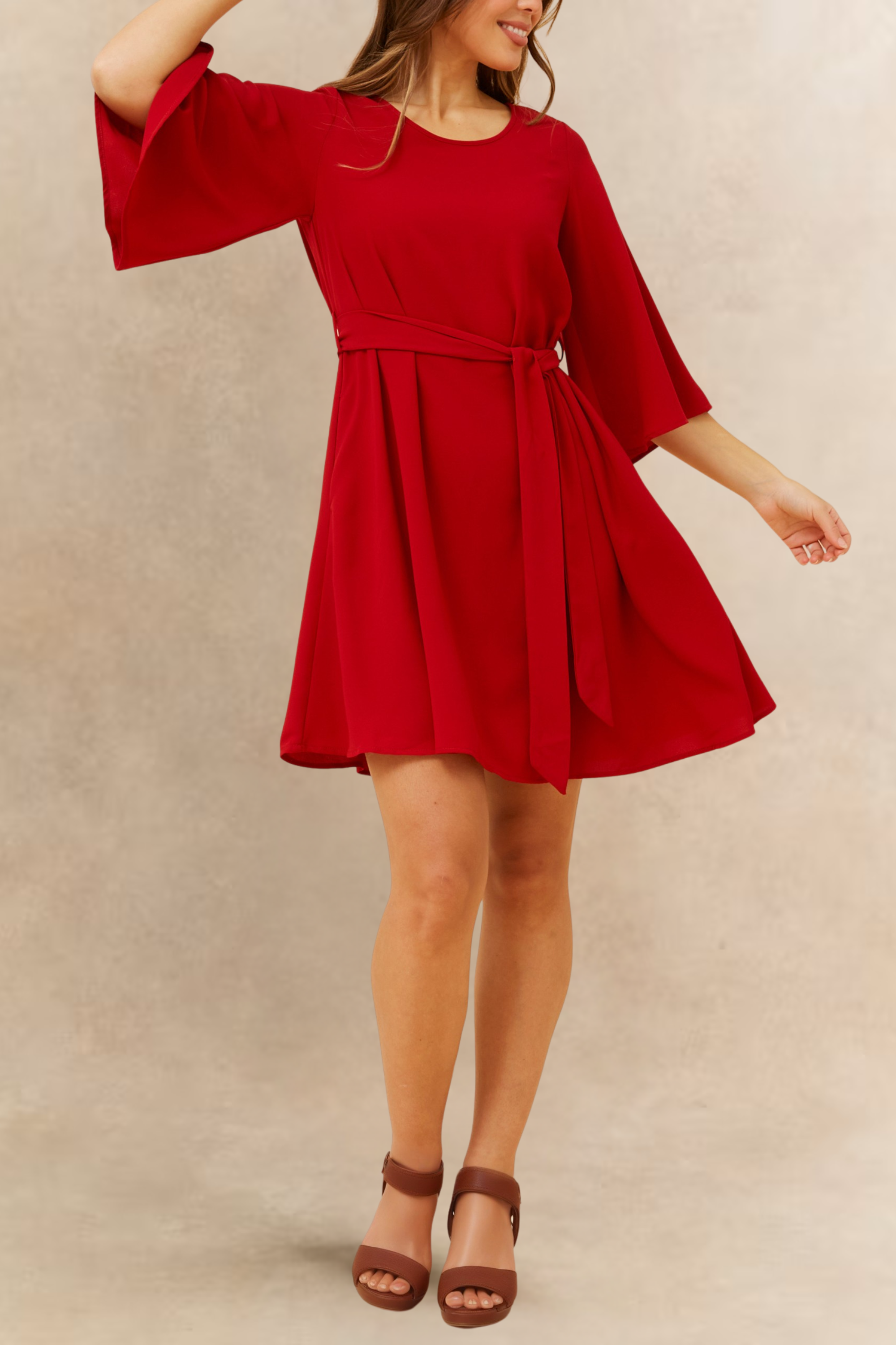 Jennifer Women's Flared Sleeve Belted Dress Solid Color