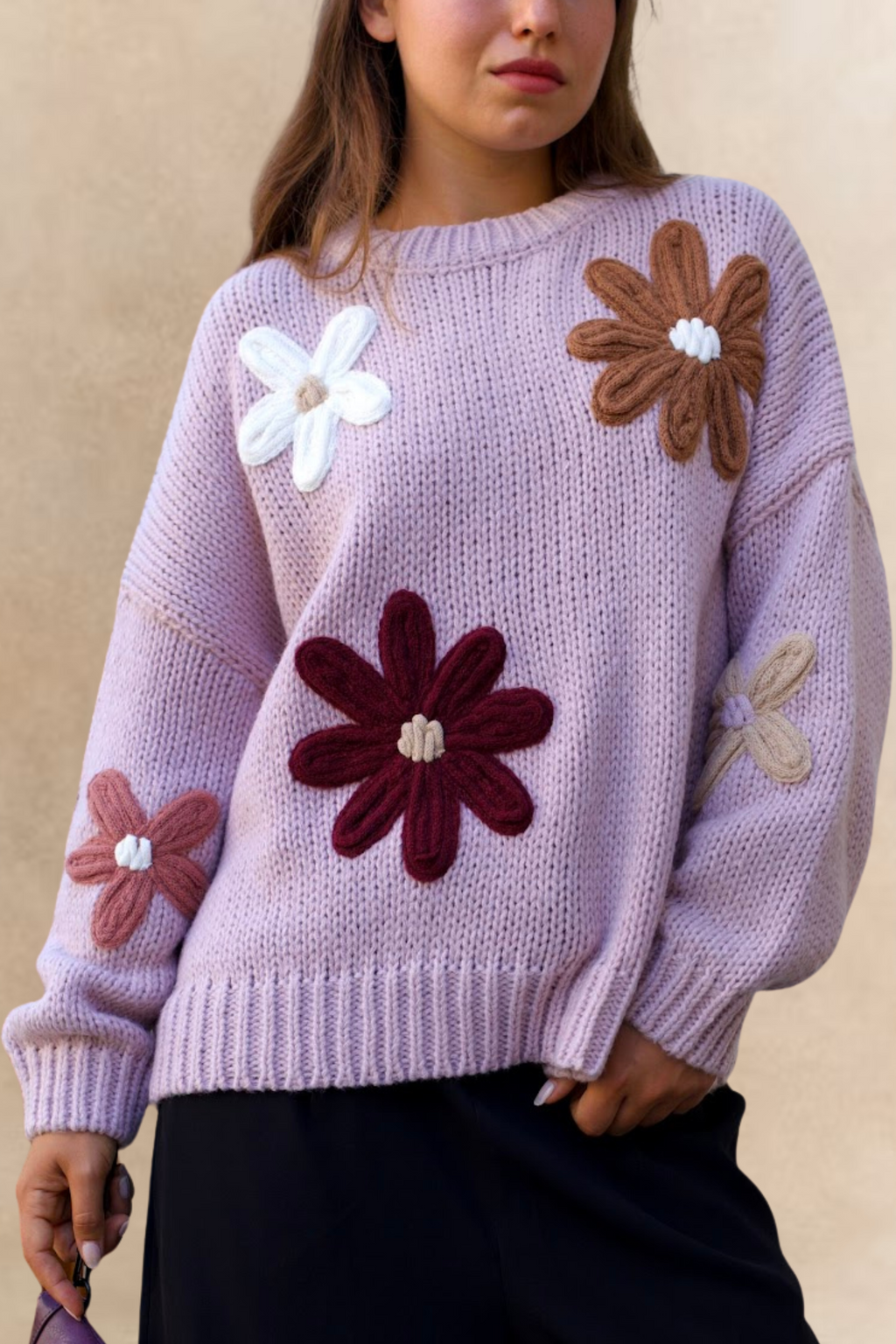 Tamara Women's Chunky Knit Sweater Embroidered Floral Appliqué