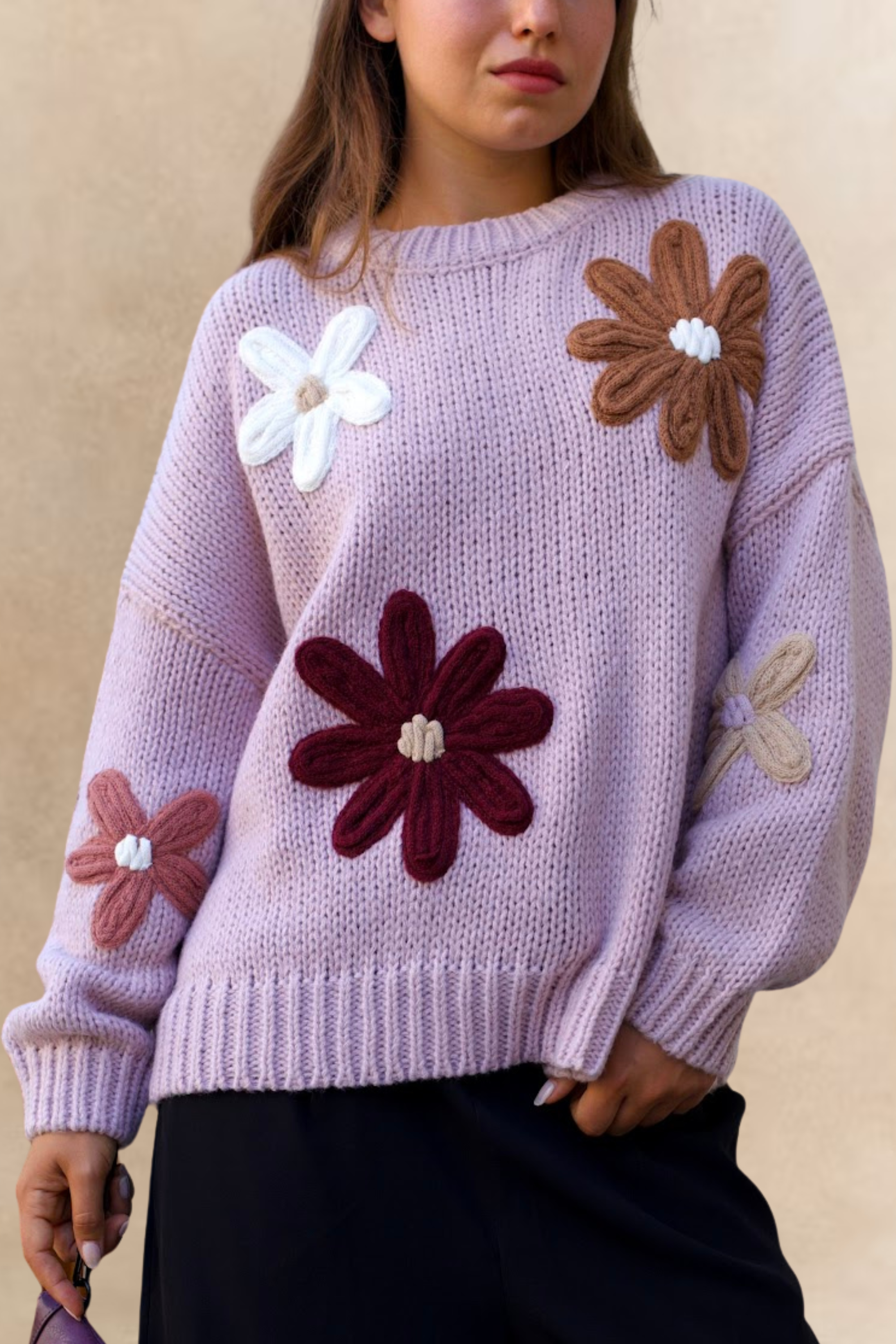 Tamara Women's Chunky Knit Sweater Embroidered Floral Appliqué