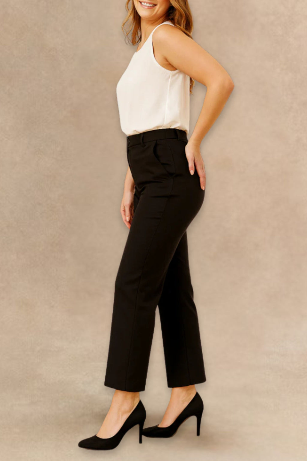 Romy Black Tailored Cropped Pants Clean Front Slim Straight Leg