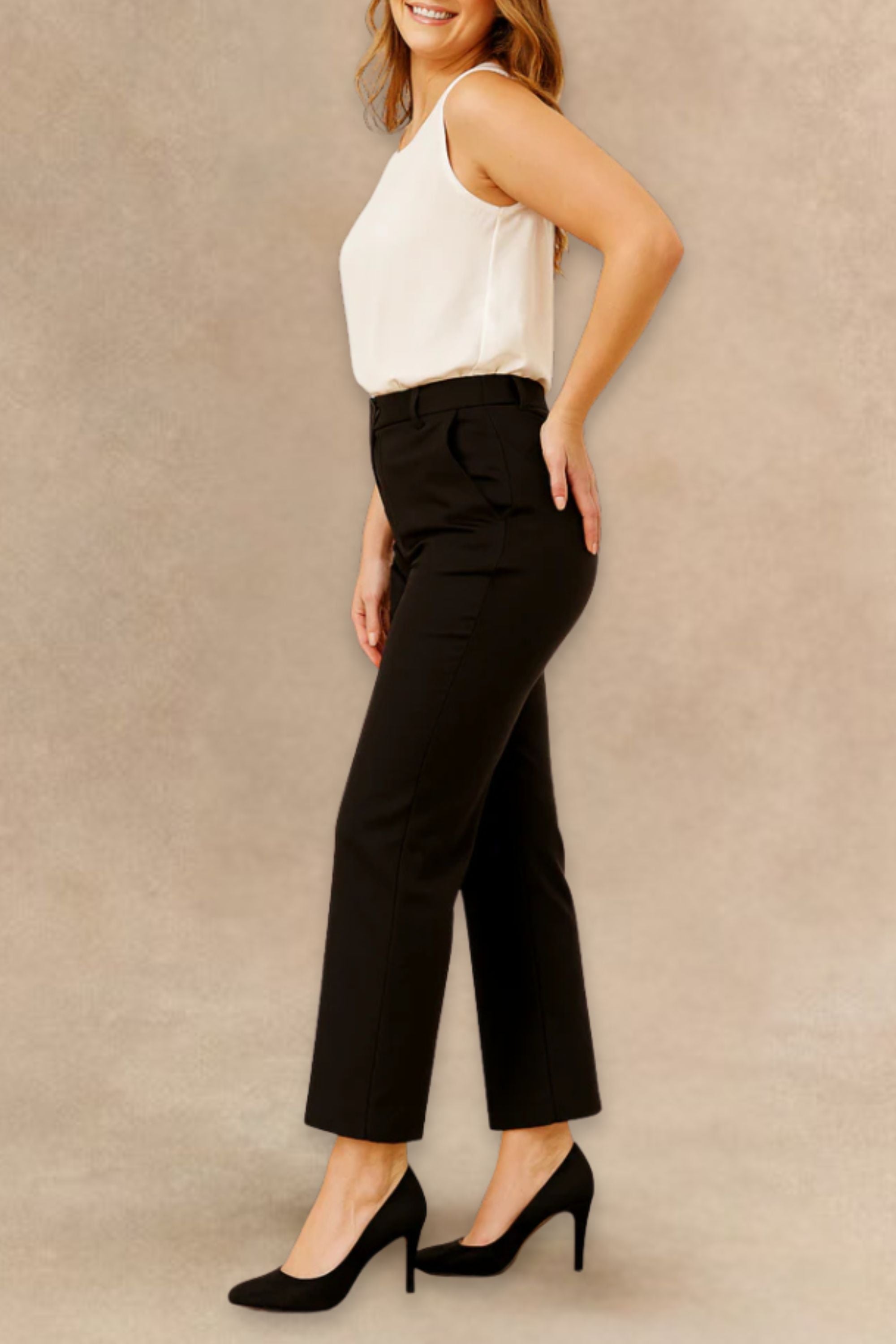 Romy Black Tailored Cropped Pants Clean Front Slim Straight Leg