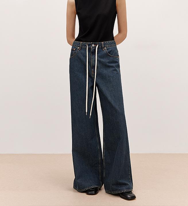 "Retro Blues" fashionable high waist pleated design washed casual wide leg jeans for women