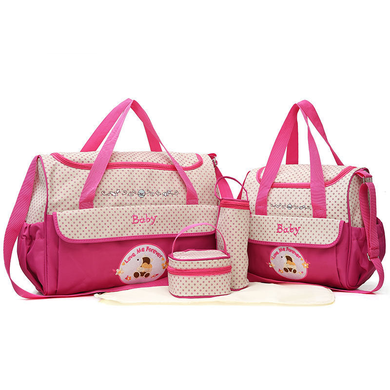NNEDSZ Pink 5-Piece Mommy Bag Set - Large Capacity Diaper Bags for Baby Travel, Tote and Shoulder Bags with Insulated Bottle Holder and Snack Bag