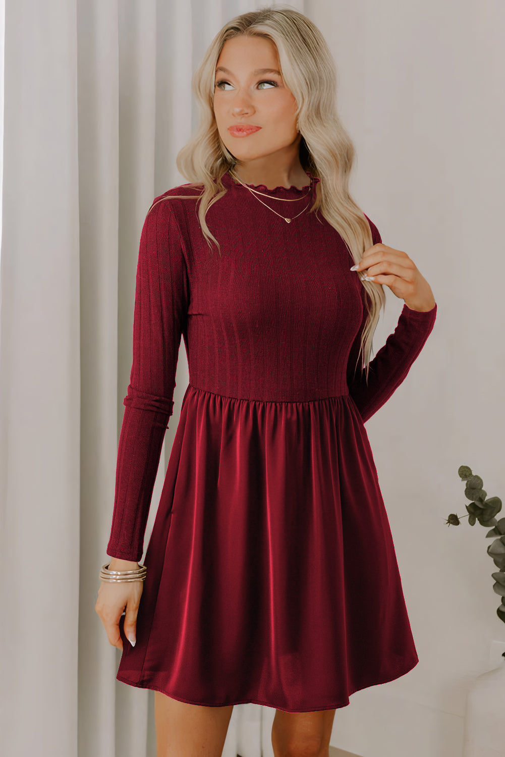 Black Frilled Neck Ribbed Knit Patchwork Long Sleeve Mini Dress