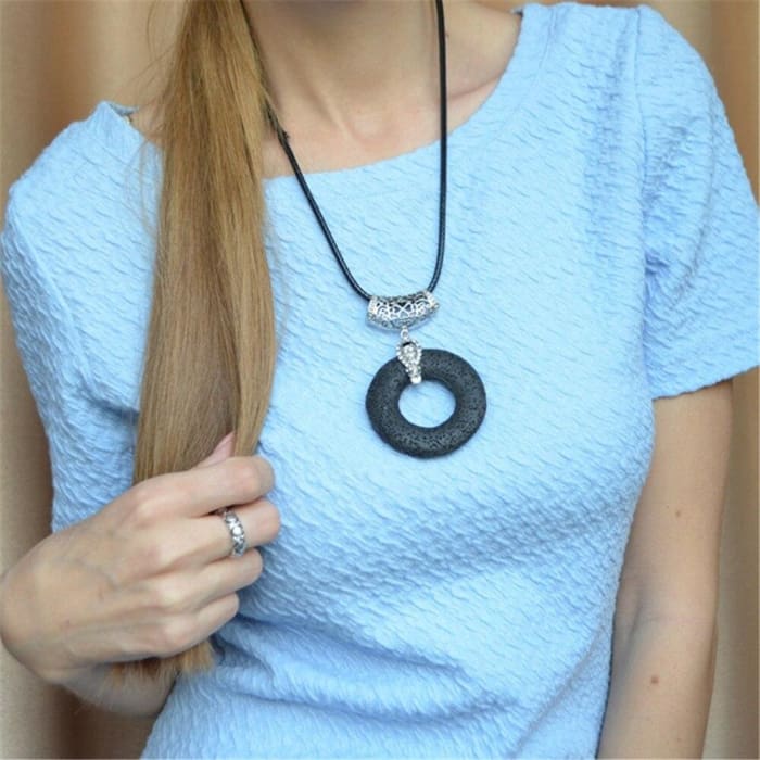 Black Circular Lava Stone Pendant Essential Oils Necklace