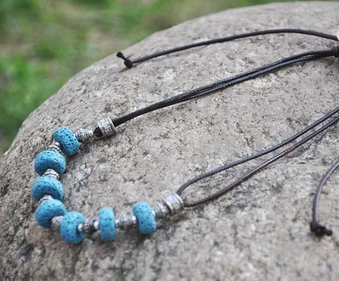 Blue 7 Bead Lava Stone Essential Oils Necklace