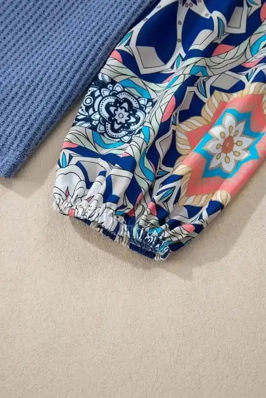 Floral Sleeve Waffle Knit Blouse