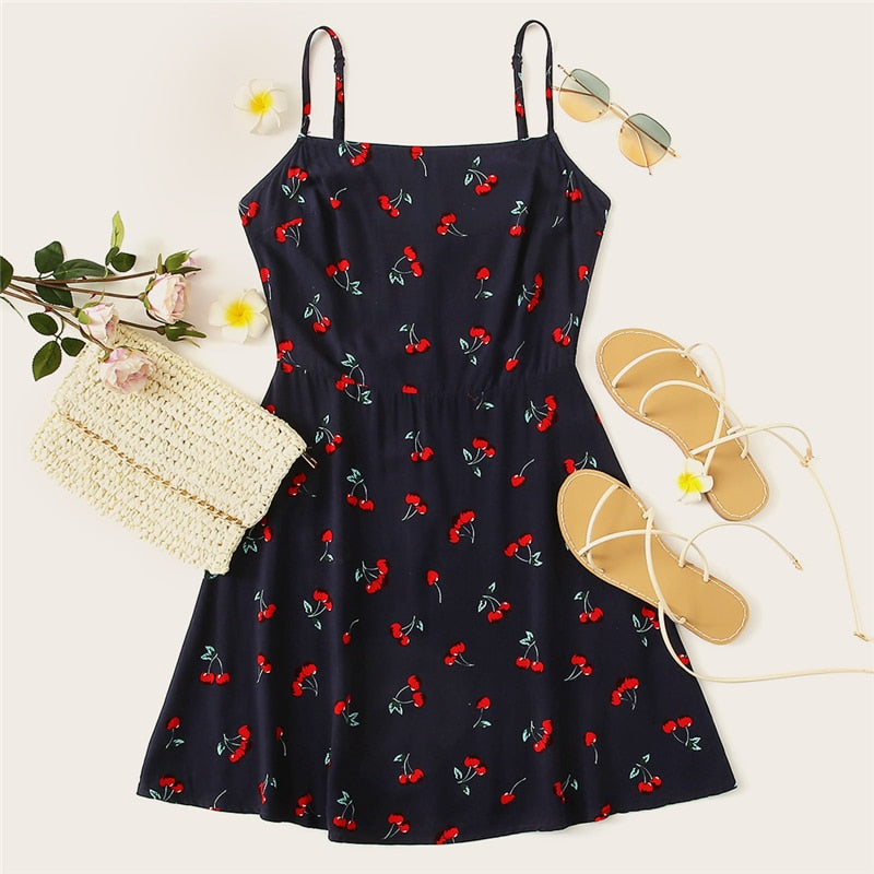 SHEIN Multicolor Weekend Casual Allover Cherry Print Natural Waist Short Spaghetti Strap Cami Dress Summer Women Going Out Dress