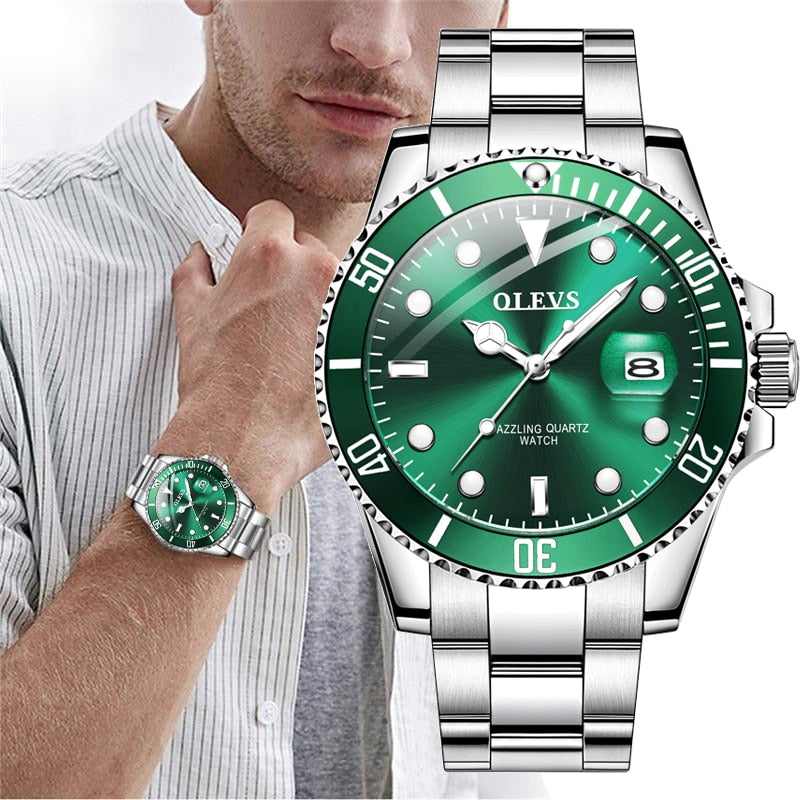 Mens Watches Top Brand Luxury Fashion Waterproof Luminous Hand Green Dial Quartz Sports Wristwatch Gifts for Men