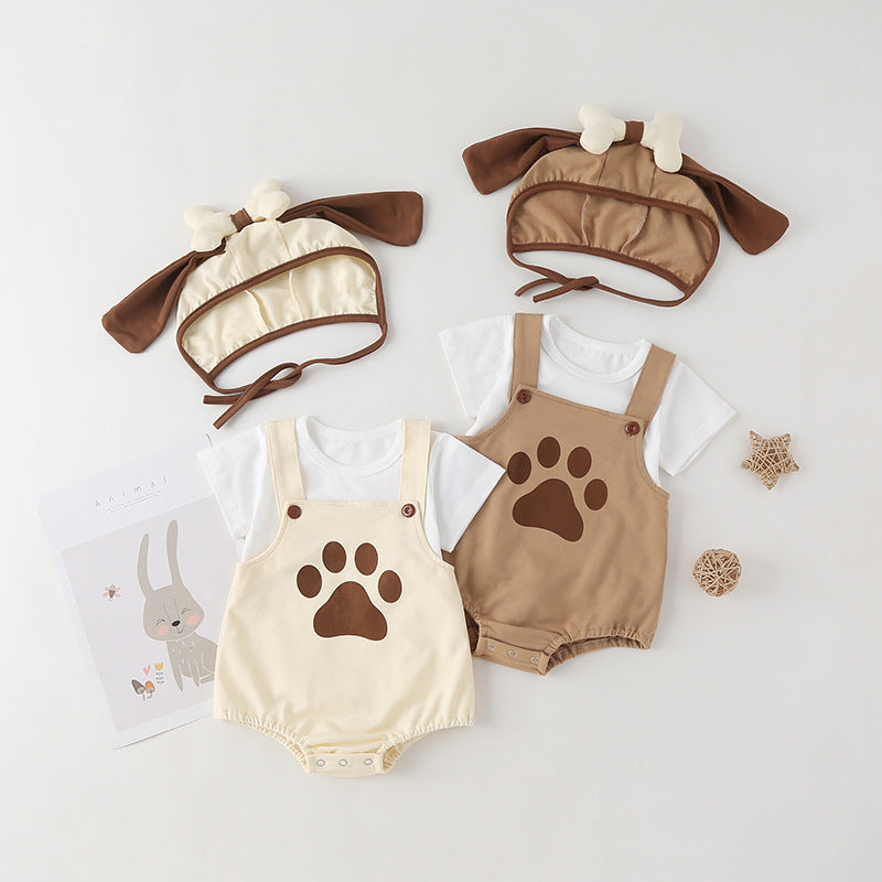 Baby Kids Puppy Print Pattern Short Sleeves With Straps Onesies In Set With Hat Of Puppy Shape