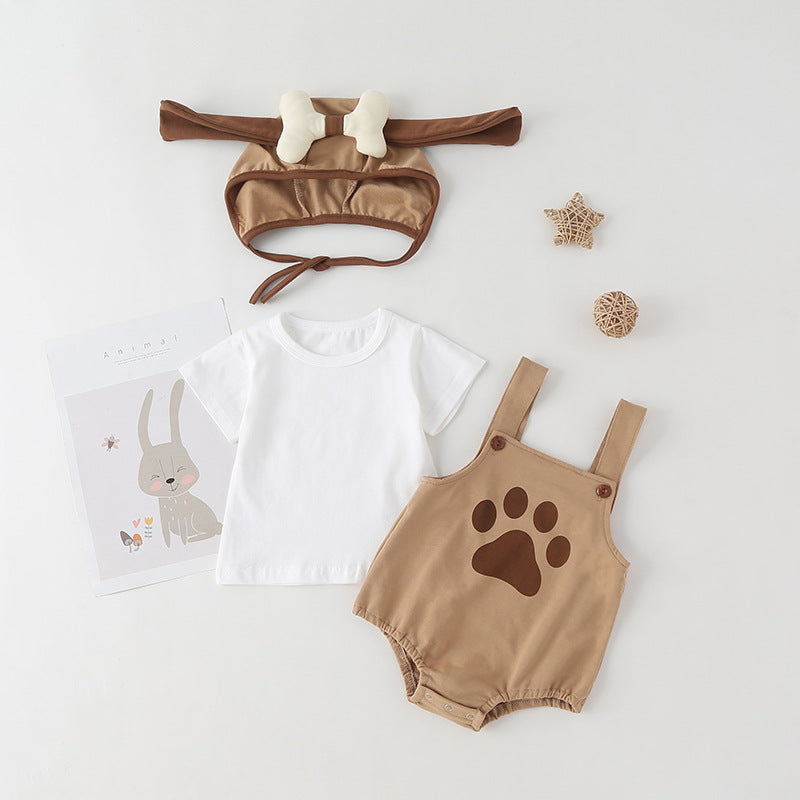 Baby Kids Puppy Print Pattern Short Sleeves With Straps Onesies In Set With Hat Of Puppy Shape
