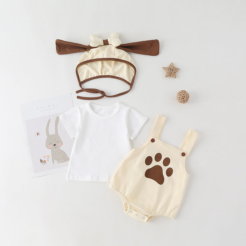 Baby Kids Puppy Print Pattern Short Sleeves With Straps Onesies In Set With Hat Of Puppy Shape
