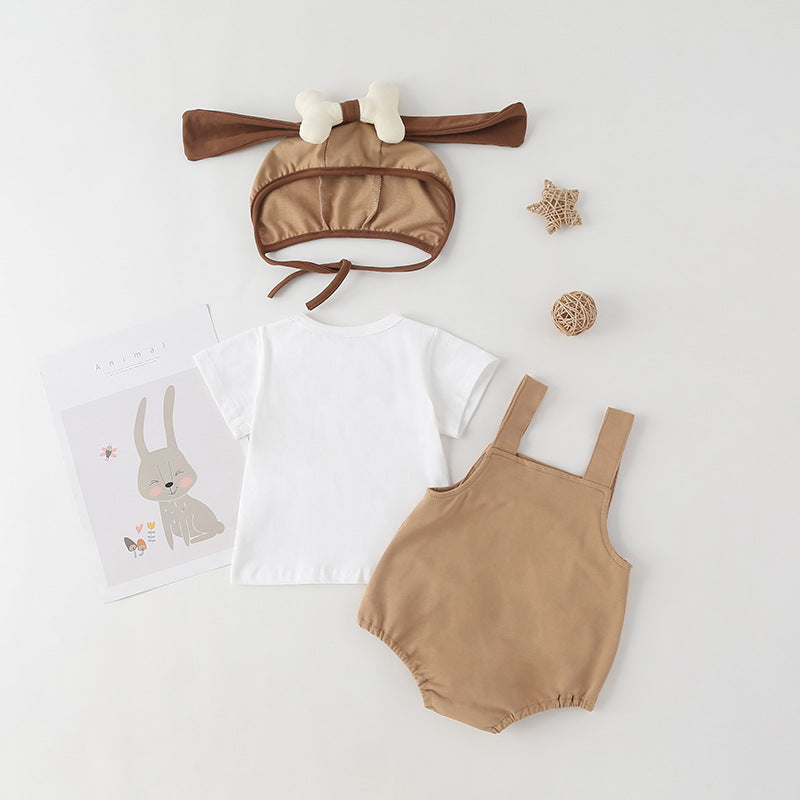 Baby Kids Puppy Print Pattern Short Sleeves With Straps Onesies In Set With Hat Of Puppy Shape