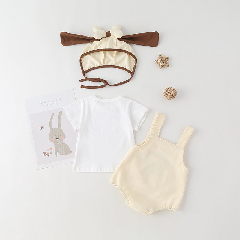 Baby Kids Puppy Print Pattern Short Sleeves With Straps Onesies In Set With Hat Of Puppy Shape